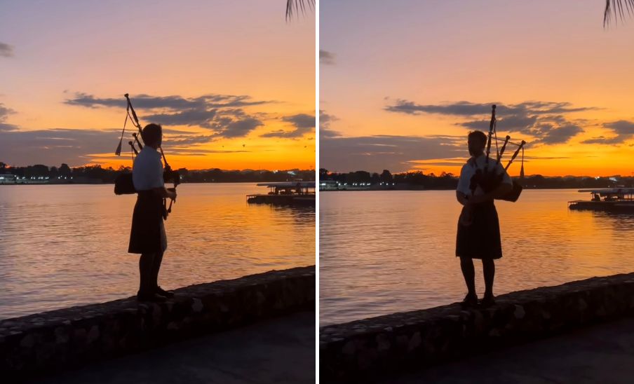 Viajero escocés en Guatemala tocó la gaita frente al Lago Petén Itzá, diciembre 2024